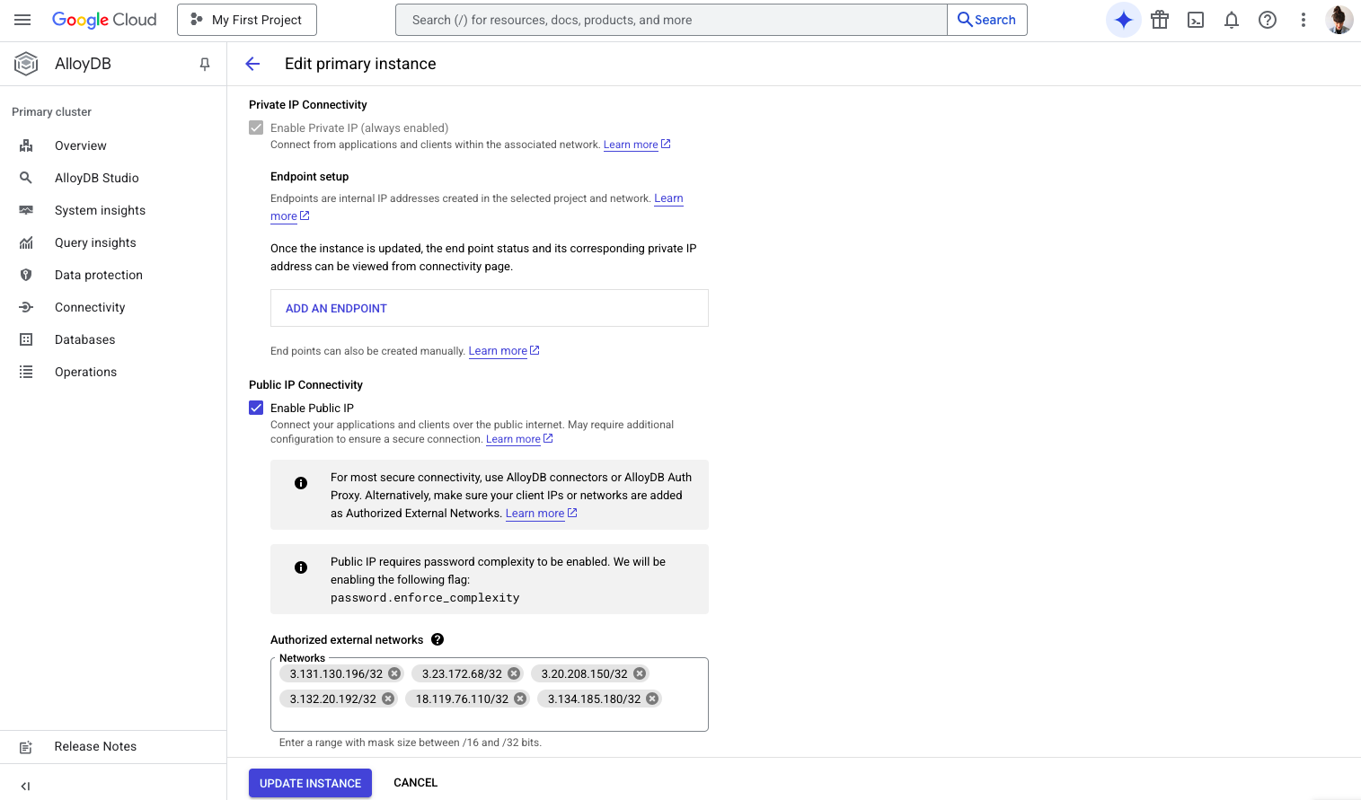 IP 허용 목록을 사용하여 퍼블릭 액세스를 위한 네트워킹 구성