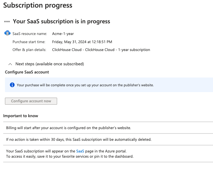 Azure Marketplace 구독 제출 중 페이지