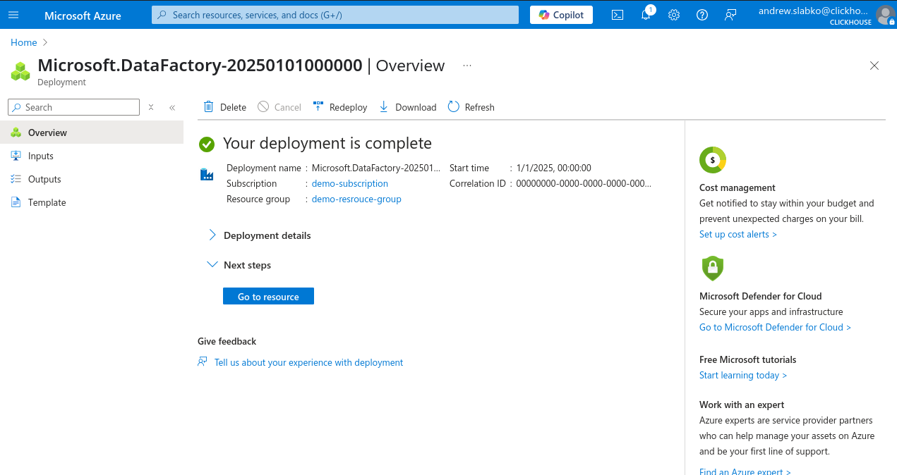 Azure Portal 새 Data Factory 생성 성공