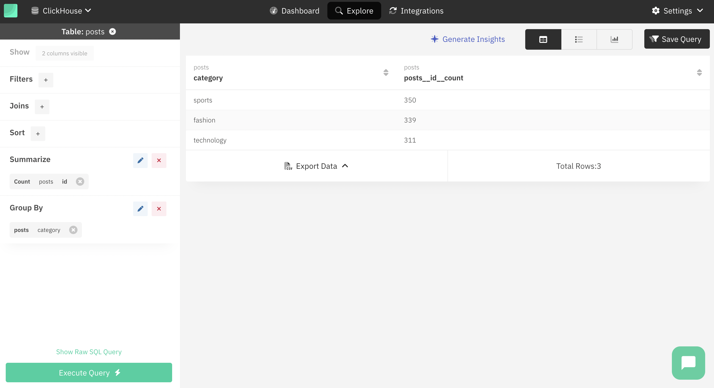 필터와 정렬 옵션을 보여주는 Draxlr 데이터 탐색 인터페이스