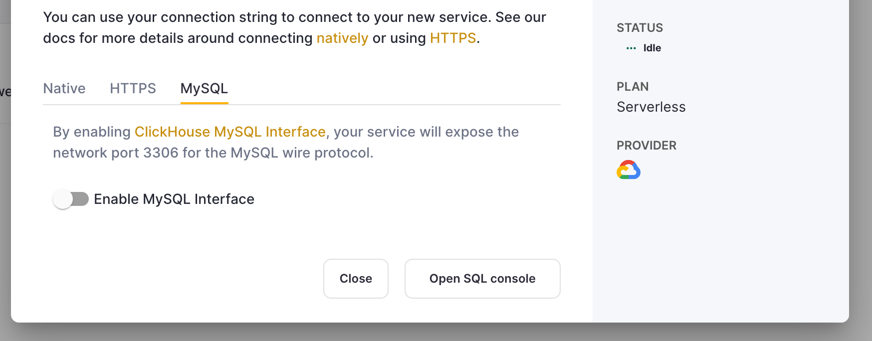 ClickHouse Cloud 설정에서 MySQL 인터페이스 활성화