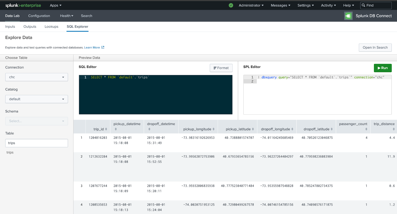 ClickHouse에 대한 연결을 선택한 Splunk SQL Explorer