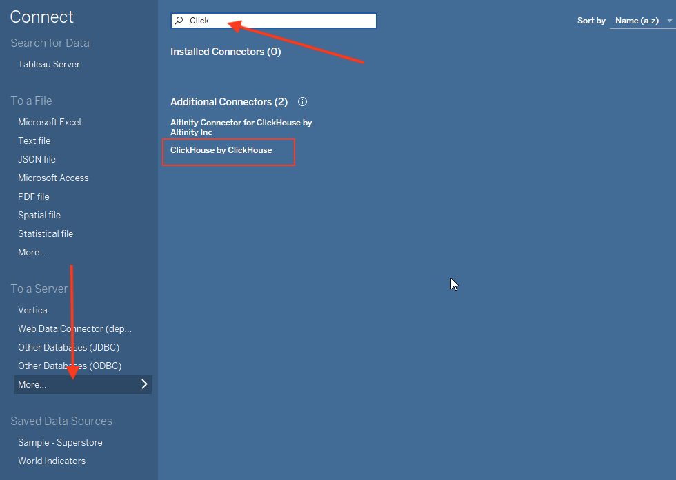 ClickHouse by ClickHouse 옵션이 강조된 커넥터 선택 메뉴가 표시된 Tableau 연결 화면